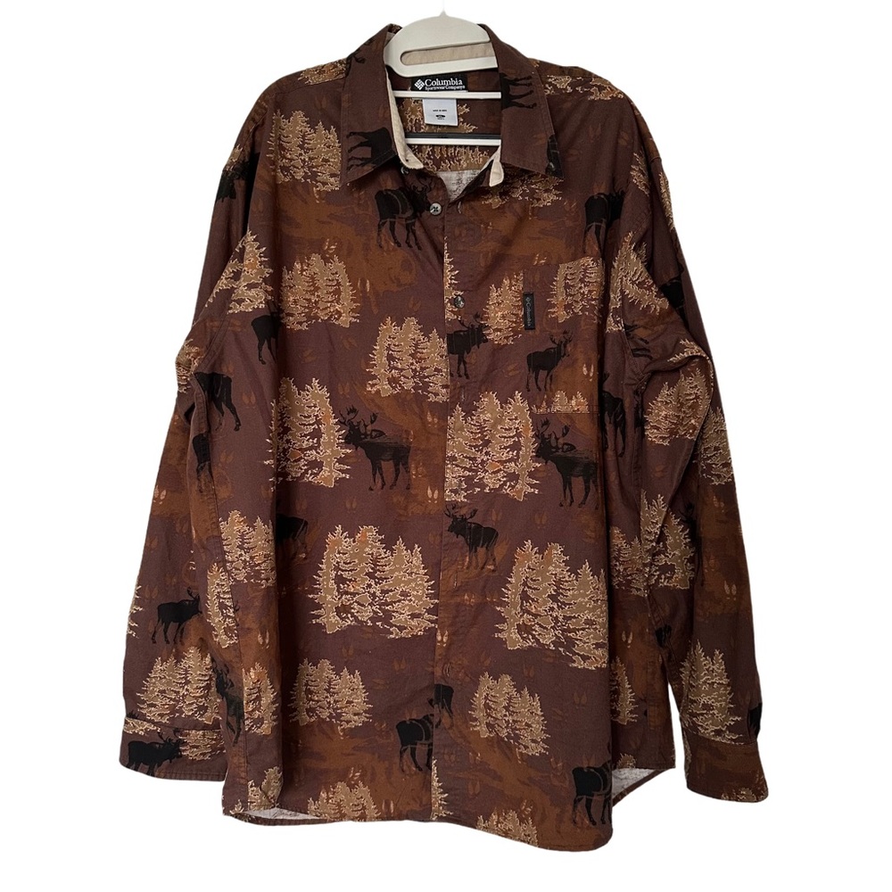 Columbia Button Up Shirt Mens XL Long Sleeve Moose Trees AOP Gorpcore Outdoors